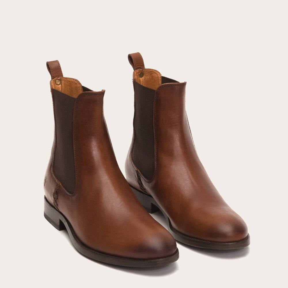 Frye Melissa Chelsea Cognac Brown Leather Comfy Low Heel Casual Short Ankle Boot - Picture 2 of 16